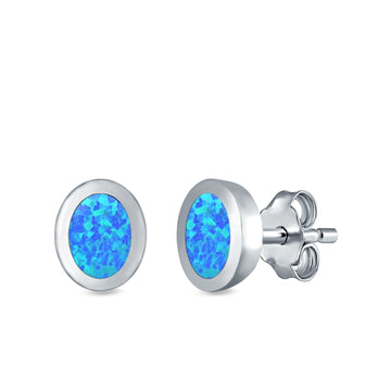 Oval Stud Earrings Lab Created Blue Opal 925 Sterling Silver (6mm)